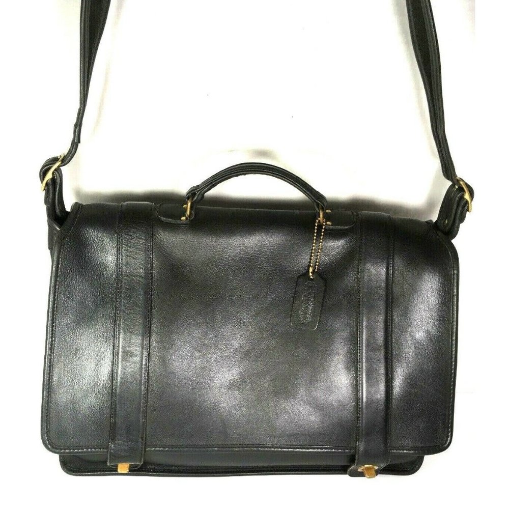 Coach 7205 Vintage Black Leather Briefcase Messenger Bag with Strap -Made In USA